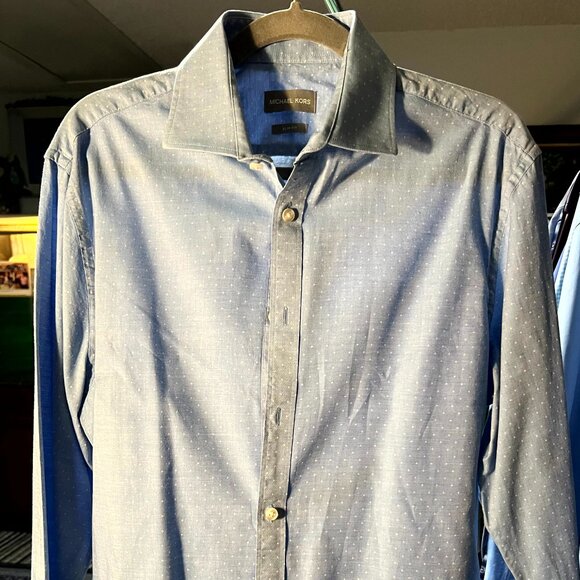 Michael Kors Slim Fit Blue w White Polka Dots Long-Sleeve Button-Up SZ Lrg - Picture 1 of 5